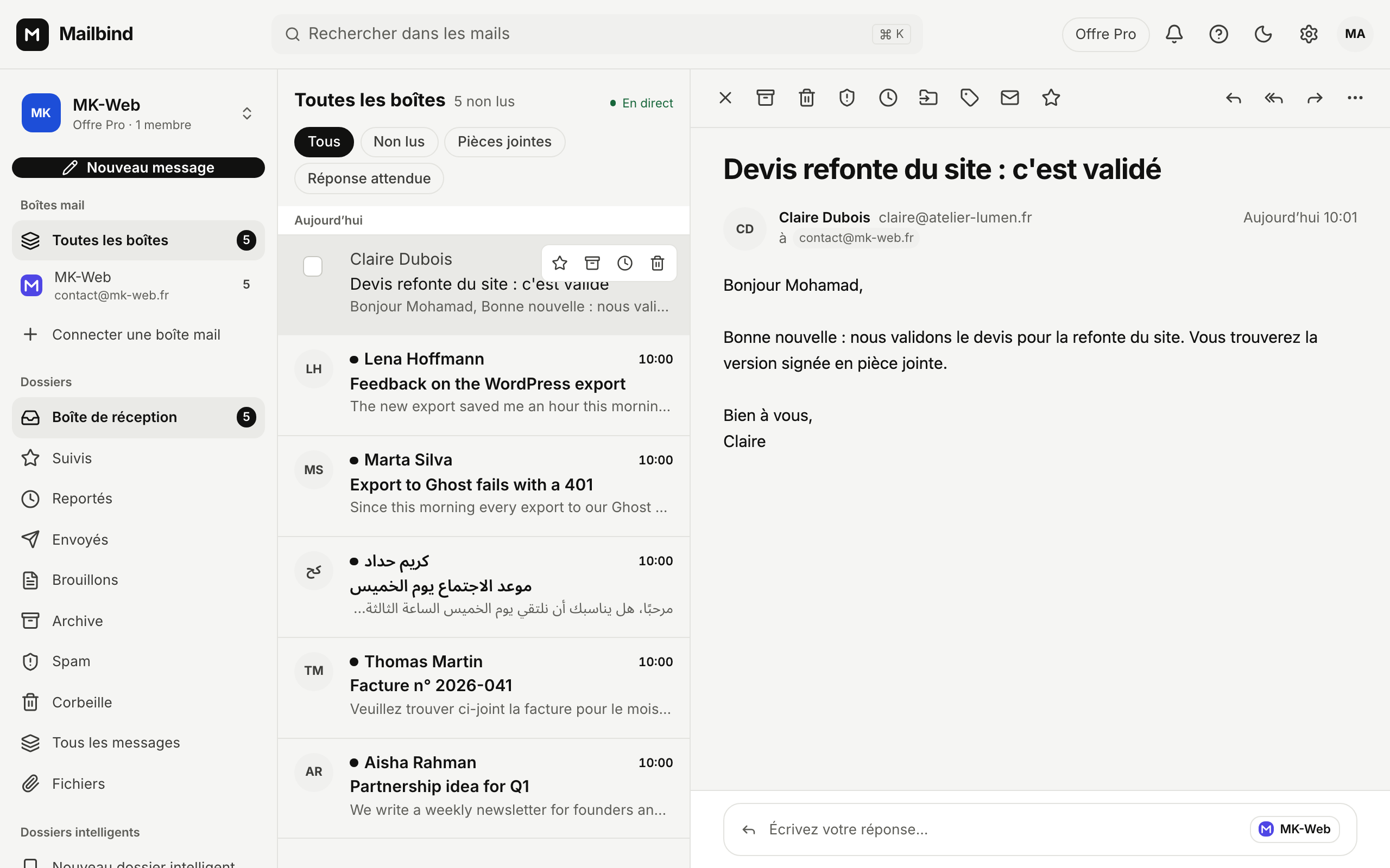 La boîte de réception Mailbind : toutes vos boîtes dans une seule liste, un message ouvert à côté.